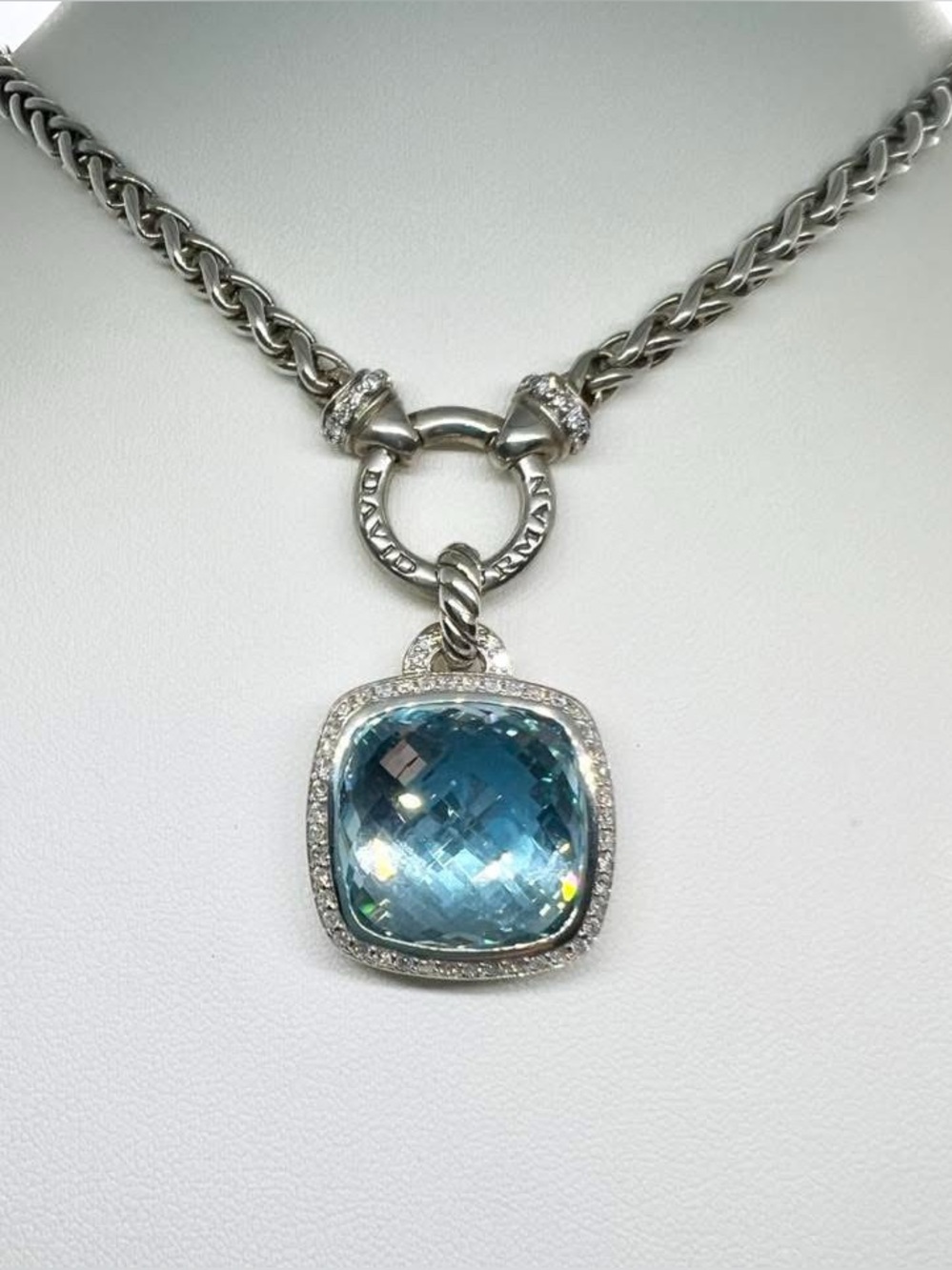 David Yurman Sterling Silver 17mm Blue Topaz and Diamond Albion Pendant